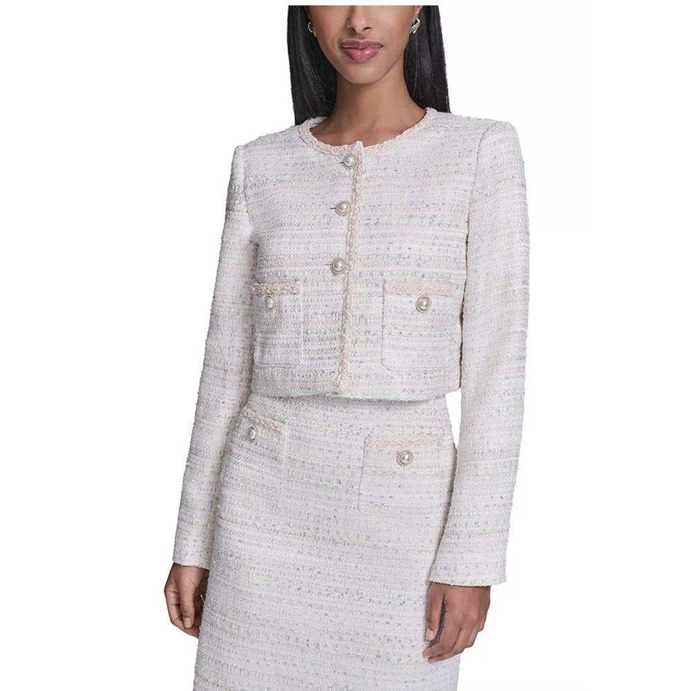 Karl Lagerfeld Cropped Tweed Jacket 14 White Ivory Chic Preppy Metallic Bride